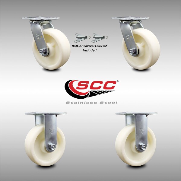 6 Inch Stainless Steel Nylon Caster Set with Ball Bearings 2 Swivel Lock 2 Rigid